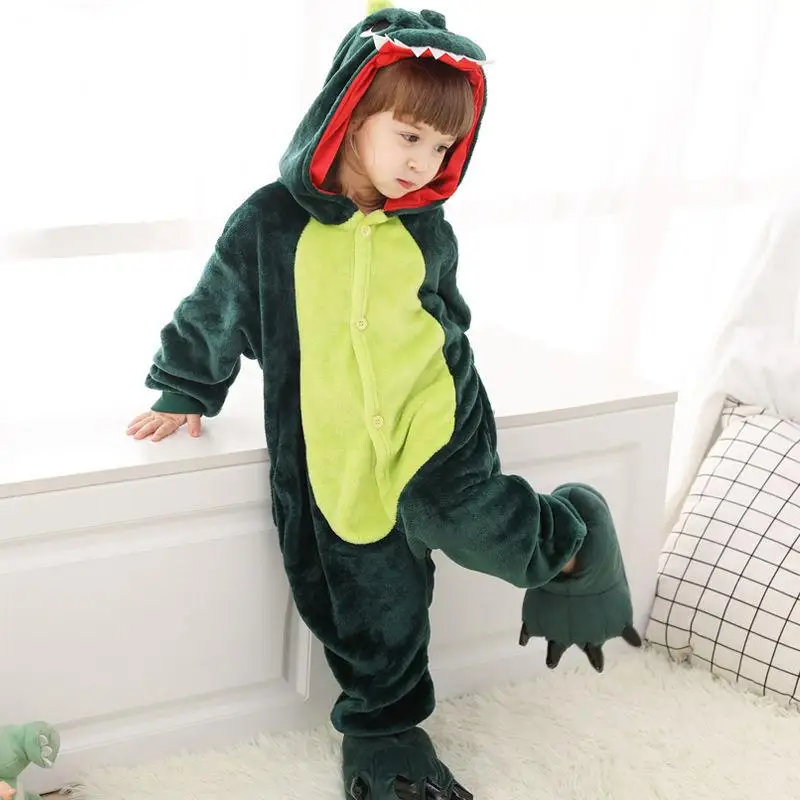 Kids Onesies Boys Girls Green Dinosaur Pajamas Flannel Sleepwear Nightwear Animal Cosplay Costume Halloween Party Funny Outfits