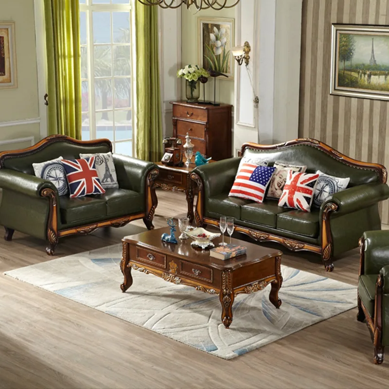 American Rural Simple Leather Sofa Combination European Solid Wood Oil Wax Leather Art Three-person Small Apartment Living Room