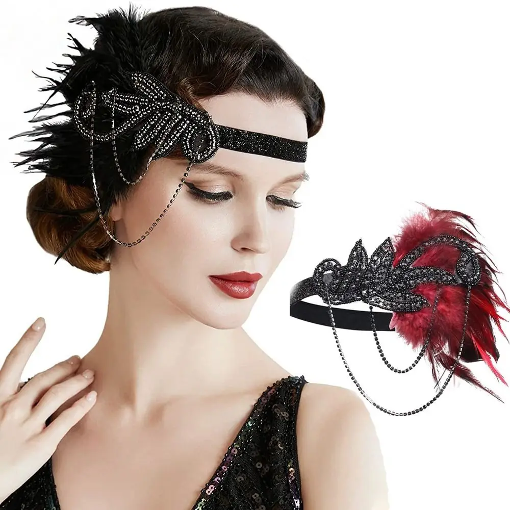 Tiara de corrente longa maquiagem festa pena headwear masquerade acessórios festa lantejoulas cabelo estilo coreano bandana