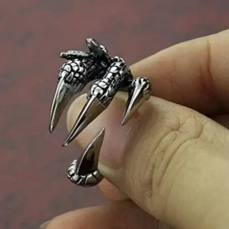 Gothic Stainless Steel Vintage Silver Dragon Claw Opening Ring Tibetan Silver Eagle Animal Rings for Men Women Punk Jewelry