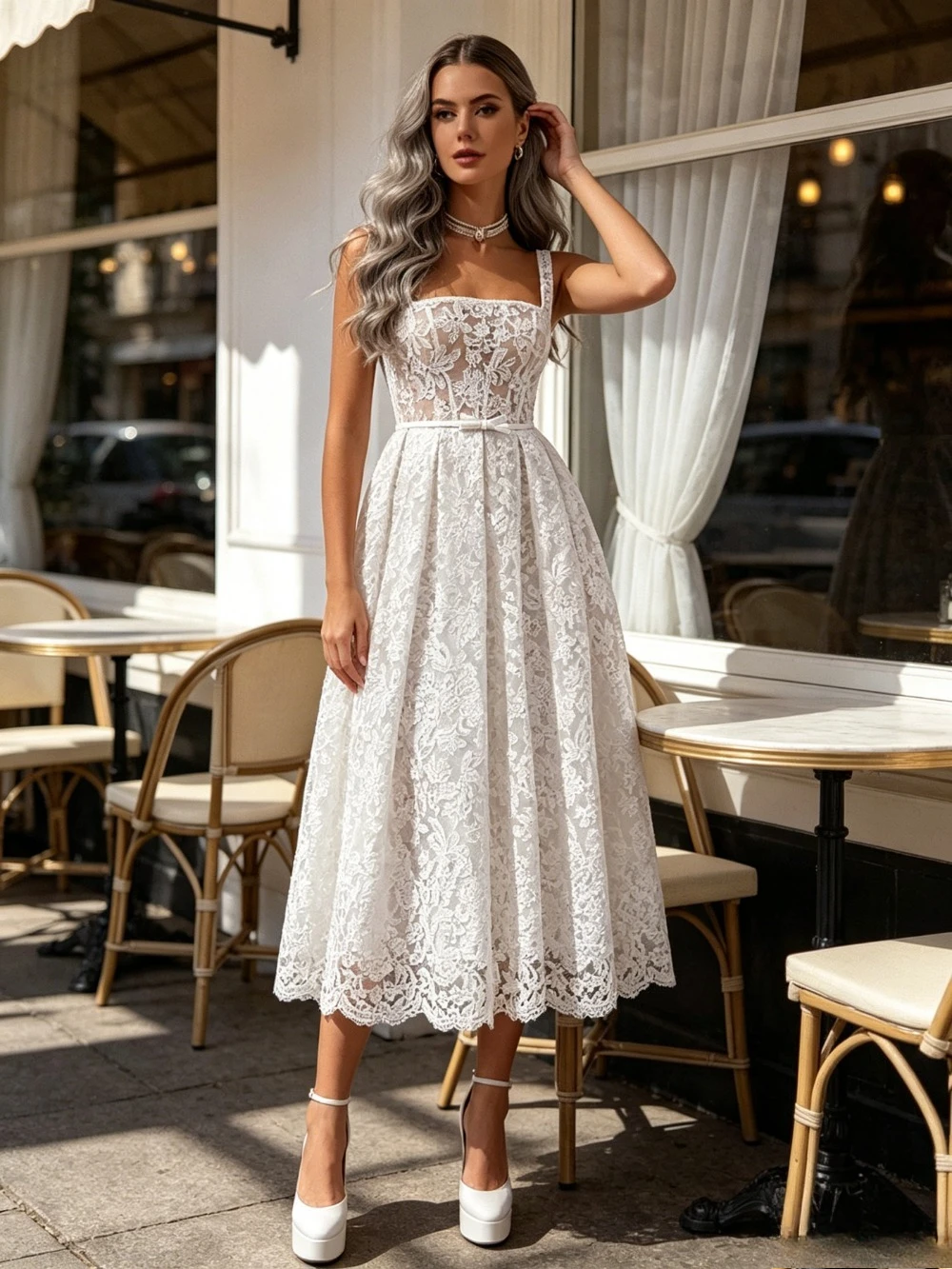 Customized Square Collar Lace Short Suspender Wedding Dresses Suitable for Garden Retro Decal A-line Bridal Gown with Tie Back