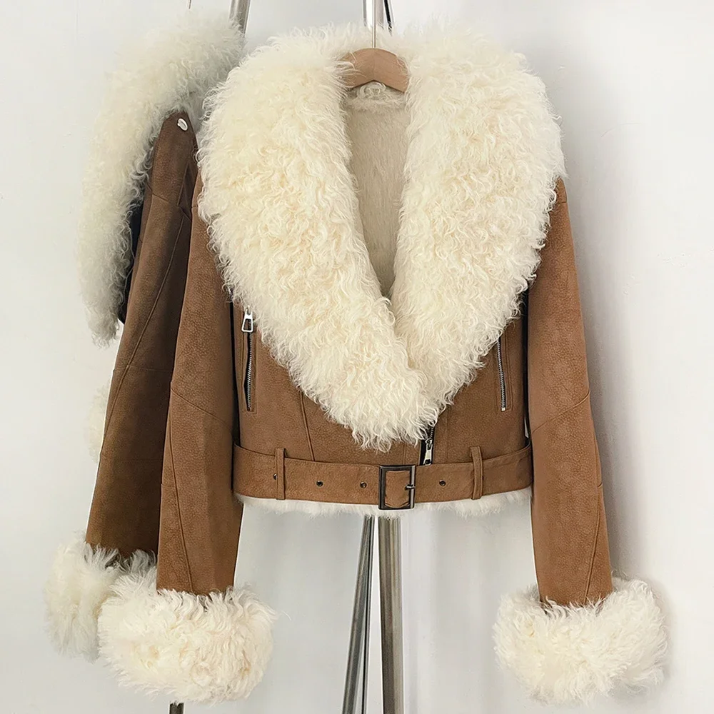 OFTBUY Winter-Pelzkleidung für Damen, Kurze Bikerjacke aus Wildleder, Echtes Kaninchenfell-Futter, Lockiges Lammfell, Gürtel, Vintage-Mantel – Detail 14