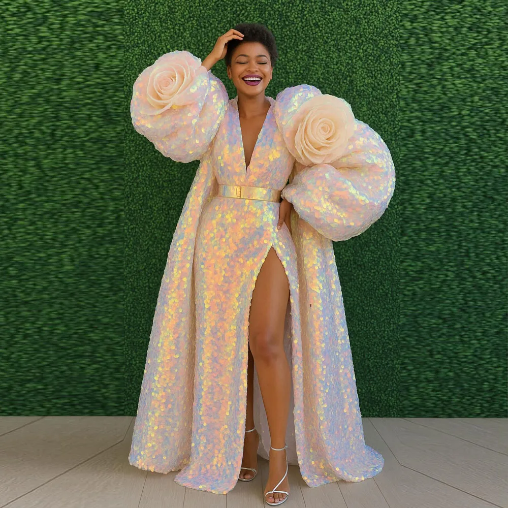 

Eye Catching Iridescent Sequined Mermaid Evening Dresses With Oversize Jacket Shiny Split Long Dress Costumes For Stage Show