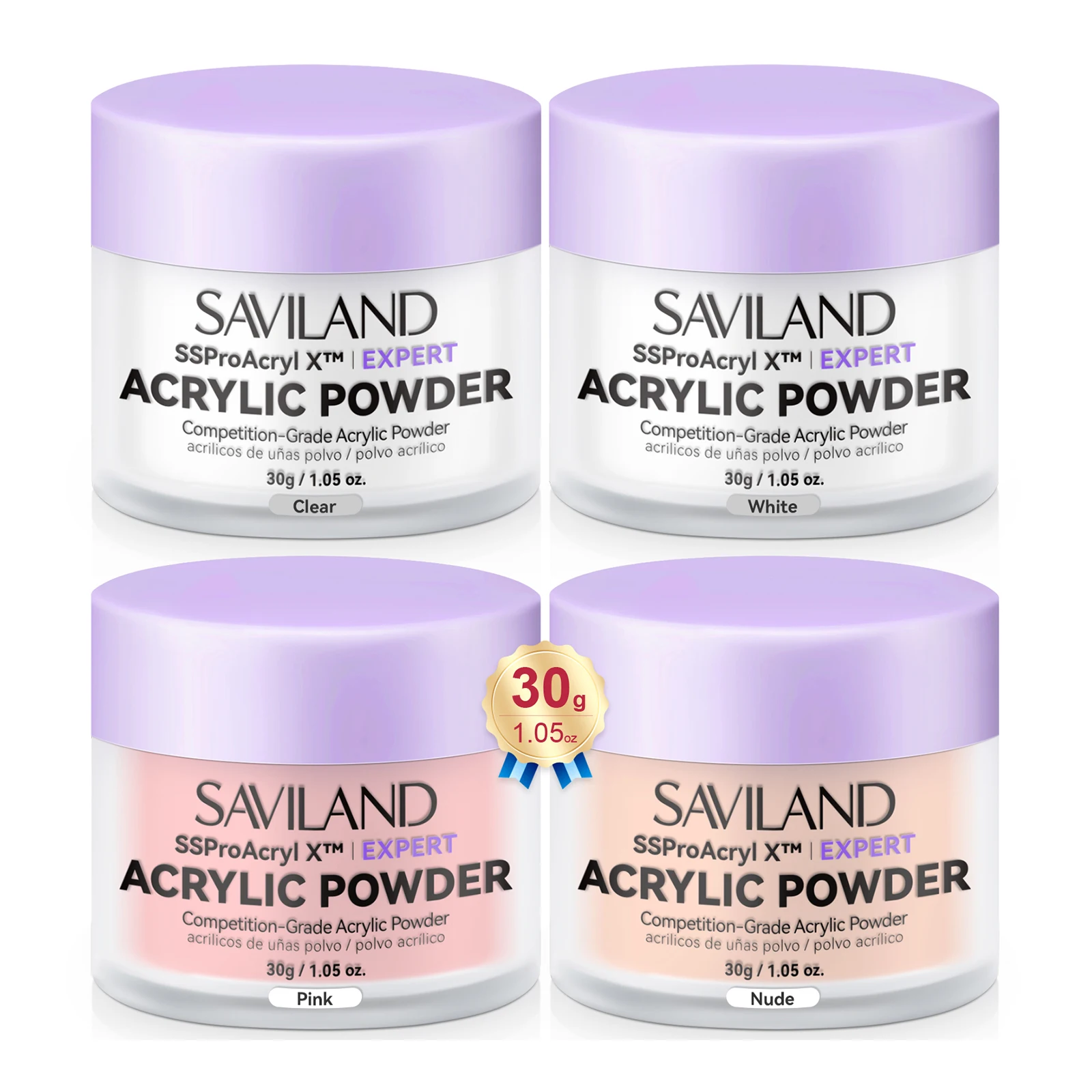 SAVILAND Set de 4 Polvos Acrílicos de Queratina para Uñas, Transparente, Blanco, Tonos Nude, Rosa, 1oz 30g, para Extensión, Esculpido 3D, Manicura y DIY en Casa o Salón