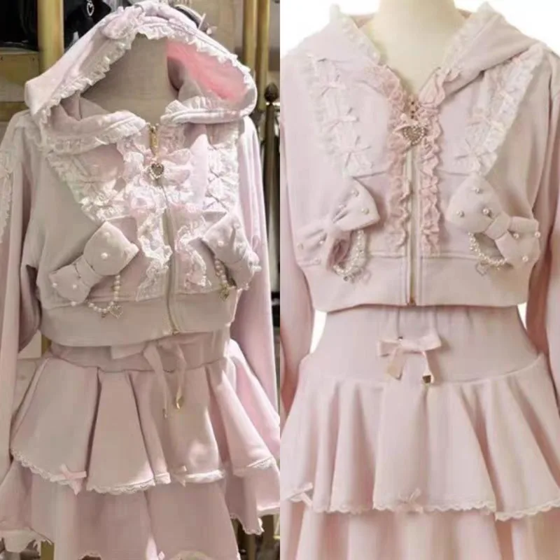 Women Sweet Lolita Two-piece Set Lace Ruffle Edge Hooded Zipper Short Jacket  Layered Ruffle Edge Mini Skirt Set Y2K with Suit