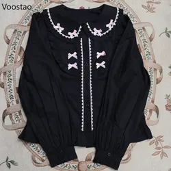 Japanese Gothic Y2k Lolita Blouses Women Vintage Cute Ruffles Peter Pan Collar JK Shirts Girls Sweet Kawaii Blusas Mujer Tops