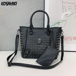 Pu Leather Women Streetwear Skull Shoulder Handbags Y2k Aesthetic Rivets Fashion Underarm Bag New High-capacity Tote Bags Trendy