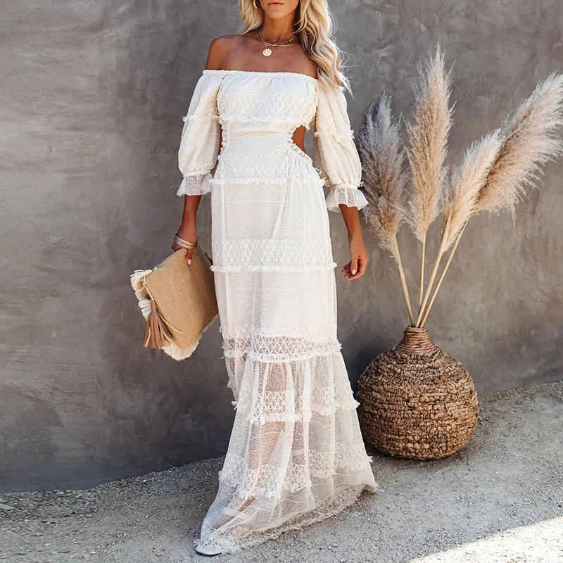 Kobieta Boho Slim Wedding Party Dress Beach Vestidos De Fiesta Lace Dress Women Elegant White Backless Sexy Evening Maxi Dresses