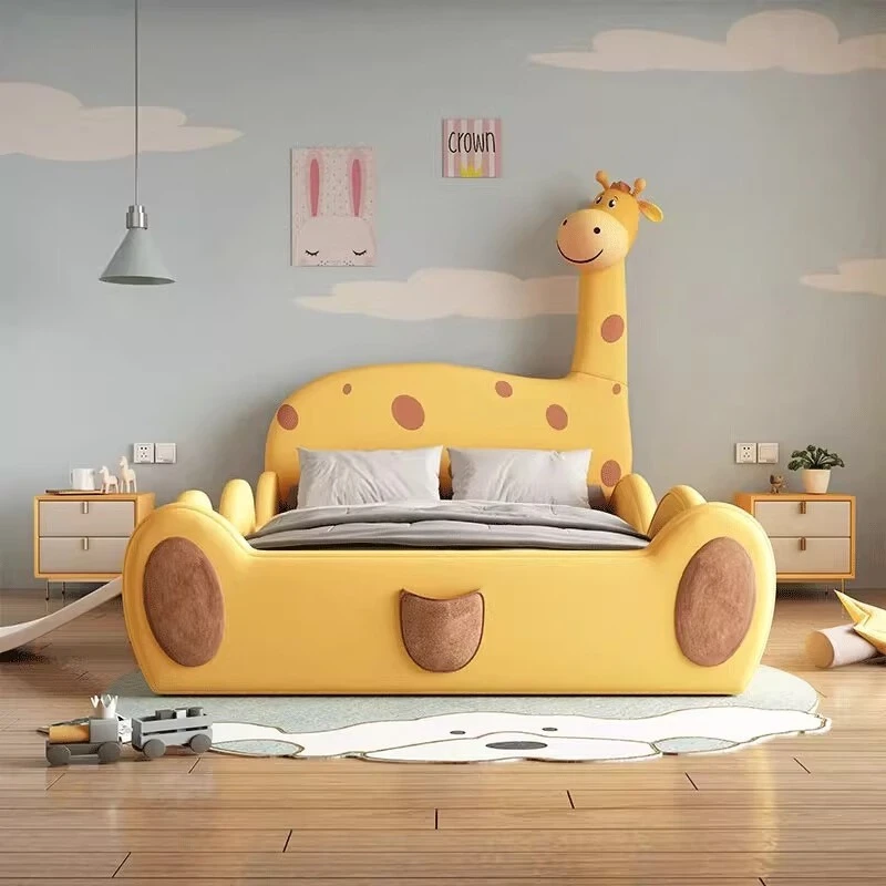 Creative cartoon giraffe bed, girls' solid wood princess fabric bed, small apartment, minimalist