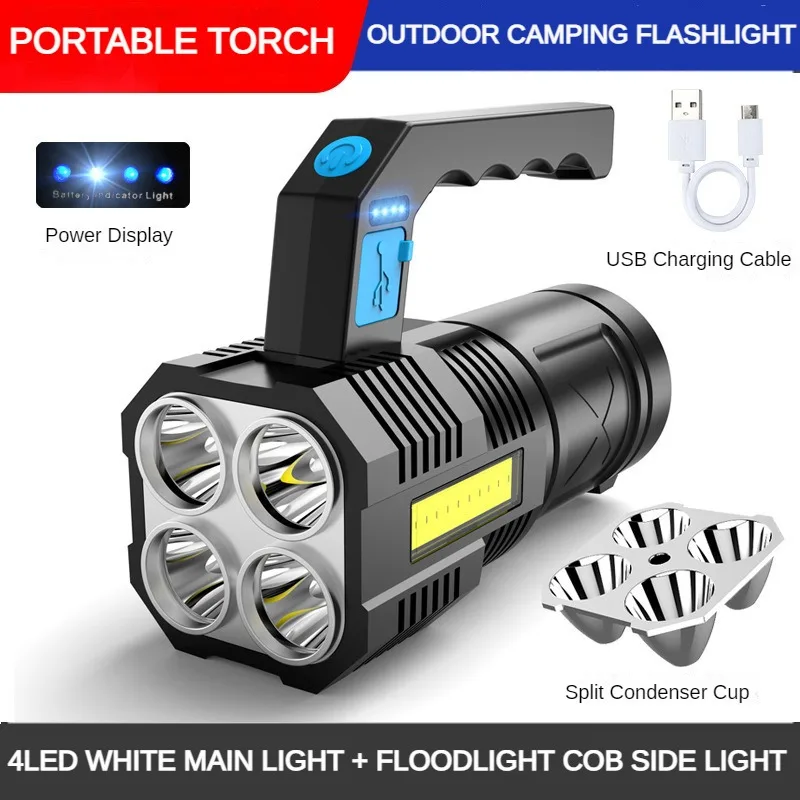 

4LED Powerful Outdoor Flashlight Portable Camping Searchlight USB Rechargeable Waterproof Emergency Work Lamp Super Bright Torch