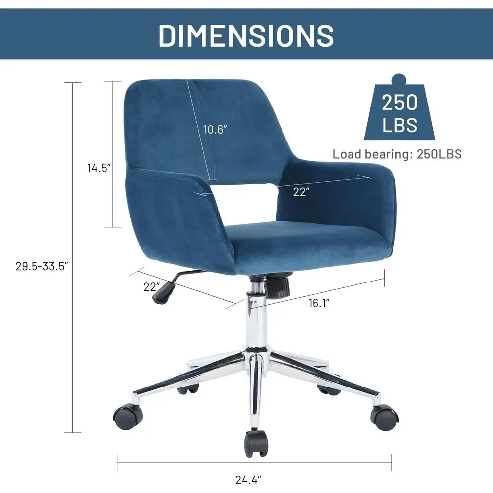 바퀴가 달린 중간 등받이 벨벳 책상 의자: 조절 가능, 다크 블루, 홈 오피스, 거실, 메이크업 및 공부용