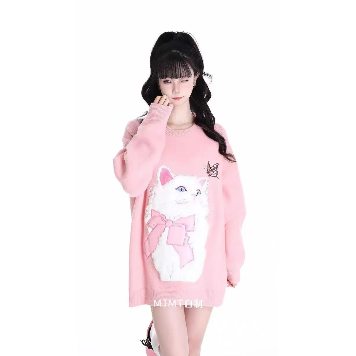 Y2k الجمالية القط التطريز الوردي محبوك البلوزات للنساء طويلة الأكمام س الرقبة عادية تريكو فتاة لاعبا الكورية اليابانية #1