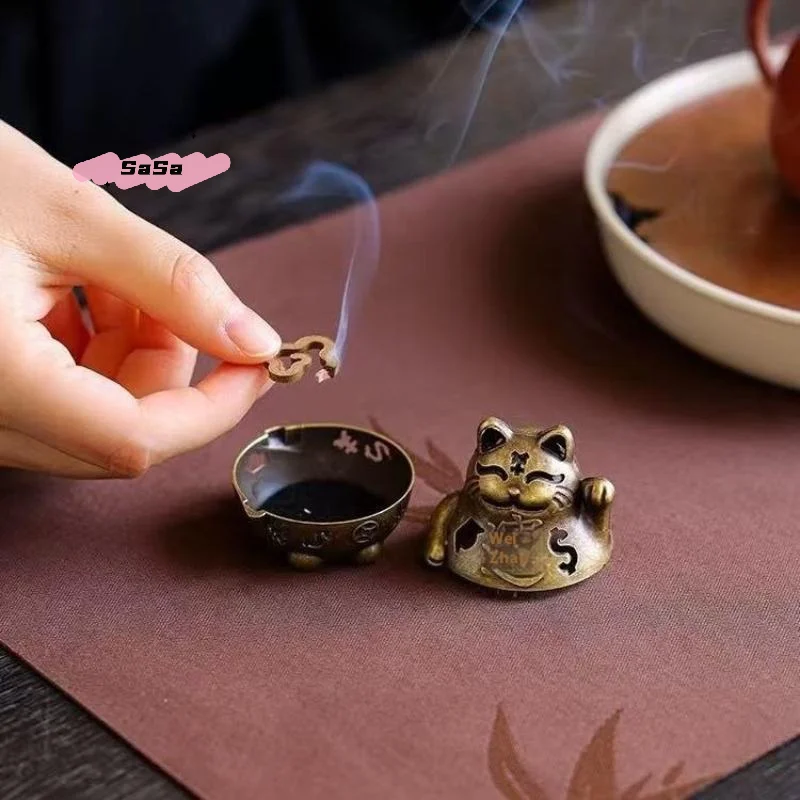 S-1Pc Lucky Wealth Cat Incense Burner Golden Feng Shui Good Luck Home/Office Decor With Prosperity Symbols Meditation Accessory