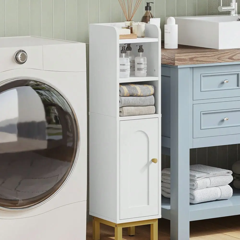 White Bathroom Storage Cabinet, Small Corner Floor Cabinet with Door, Shelves and Adjustable Shelf for Small Spaces