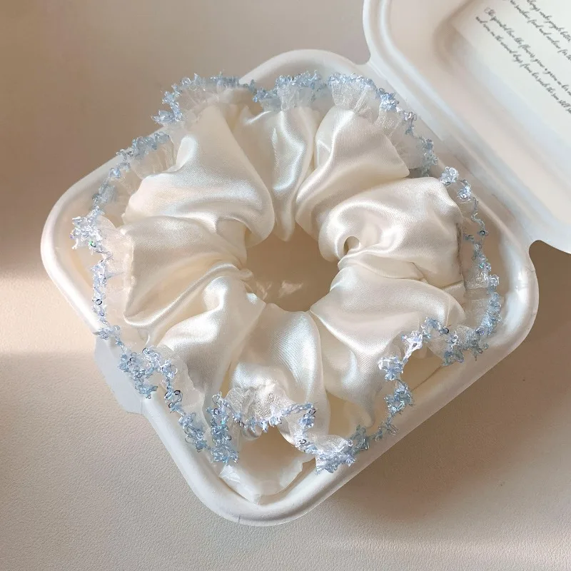 White Satin Blue Border Large Intestine Headband Women High End Feeling Meatball Headband Lazy Style Hair Accessories Wholesale