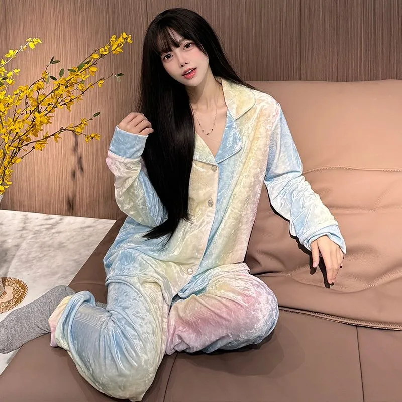 2024 New Golden Velvet Pajamas Women Spring Autumn Sleepwear Long-sleeved V-neck Loungewear Dormitory Homewear Two-piece Suit