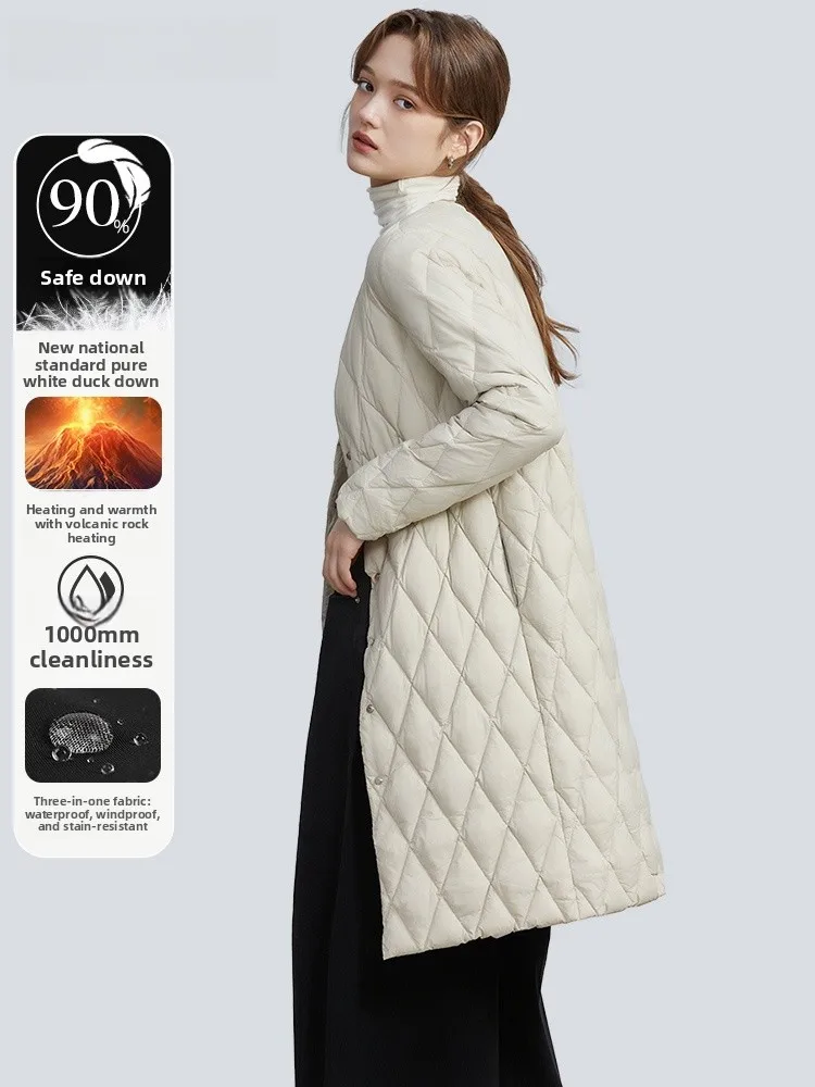 Lightweight Long Sleeve V-Neck down Jacket Women's Mid-Length Winter Coat Warm Inner Vest for City Casual Daily Commute