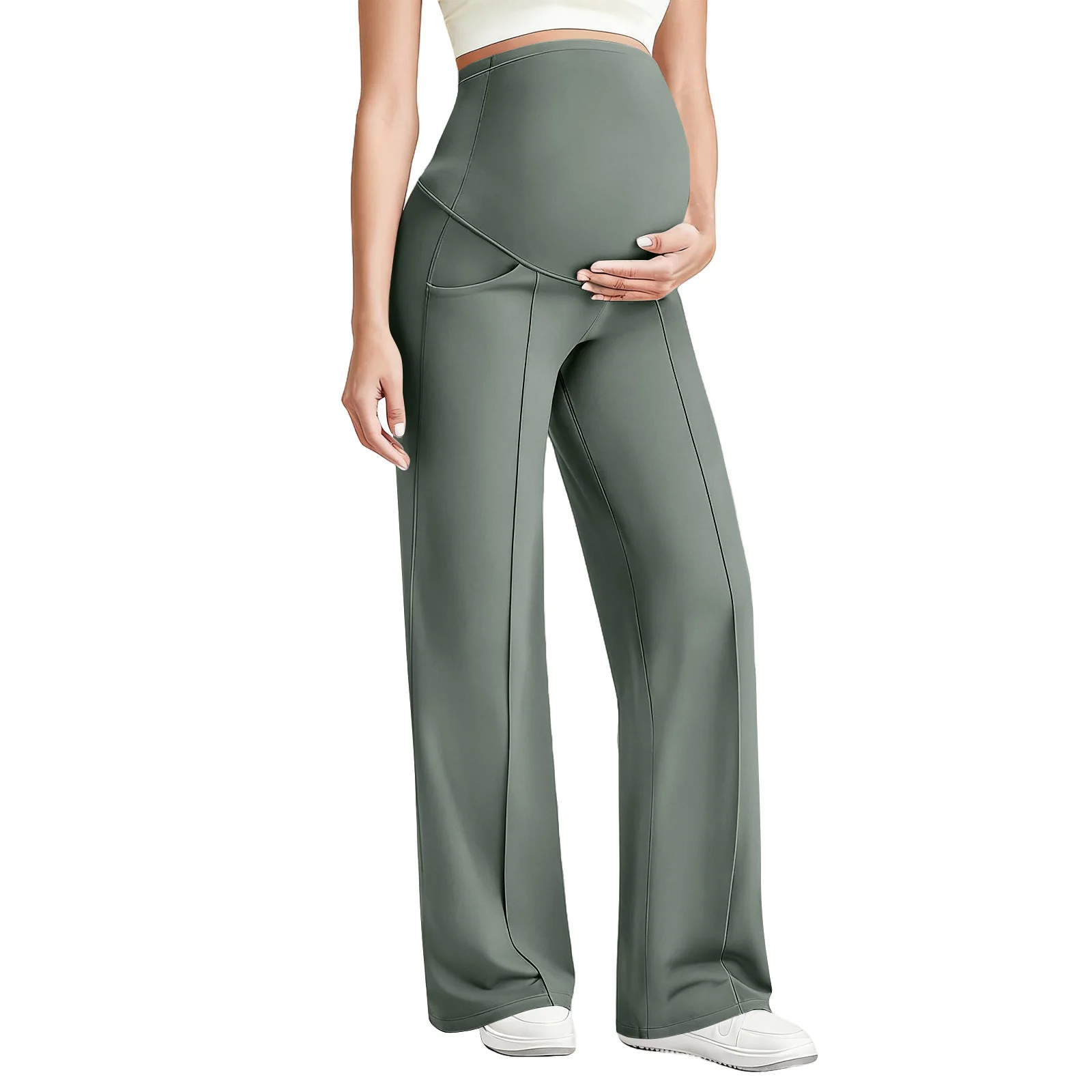 السراويل اليوغا الأمومة مرونة العمل عارضة البطن جيب واسعة الساق السراويل النساء الحوامل بلون اليوغا السراويل