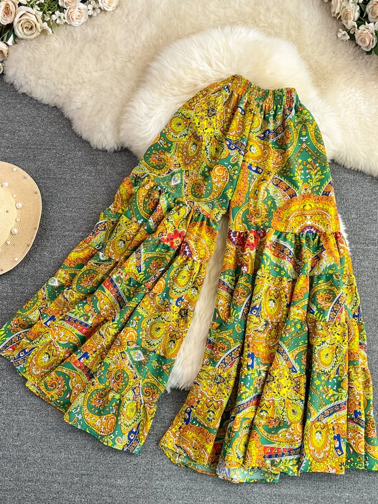 Floral capri calças de perna larga saia verão palazos cintura elástica casual calças largas férias bainha grande queimado calças de praia