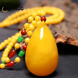 Natural Chicken Fat Yellow Amber Necklace Women Pendant Necklace Fine Jewelry Water Drop Gemstone for Party Gift