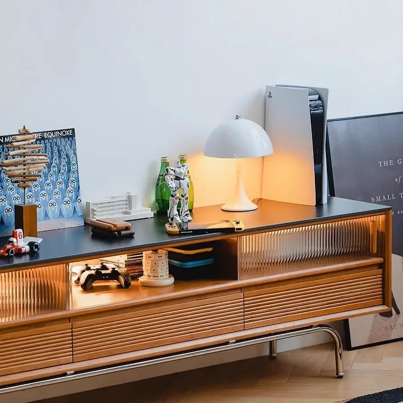 Nordic Solid Wood TV Cabinet Stainless Steel Suspended Creative Storage Cabinet Small Apartment Rock Slab Audio Visual