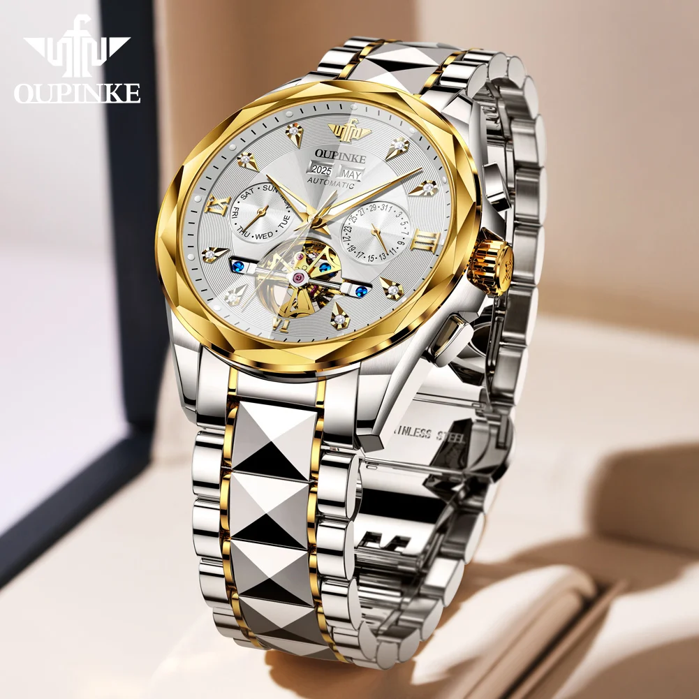 OUPINKE 3316 Men Watch Luxury Original Hollow Flywheel Men Automatic Mechanical Watch Deep Waterproof Multi Functional Men Watch
