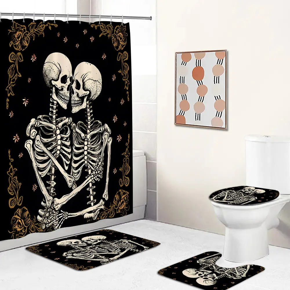 Skeleton Shower Curtains Set Funny Skeleton Lovers Skull Horror Dark Bathroom Decorations Bedroom Home Carpet Toilet Lid Cover