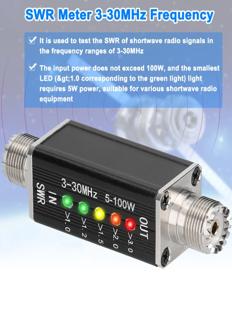 LED SWR Meter 3-30MHz Frequency Shortwave Standing Waves Indicator with 5 LEDs M Female Interface