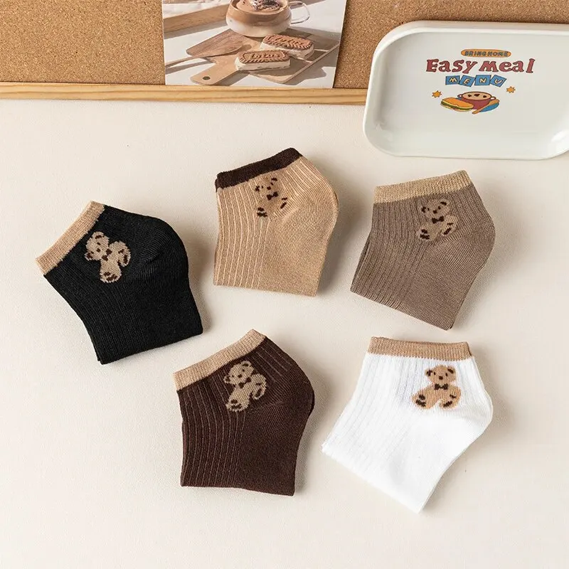 5 Pairs of Cute Teddy Bear WOMEN\'S Short Socks with Shallow Mouthed Spring and Summer Casual Matching Short Tube Boat Socks