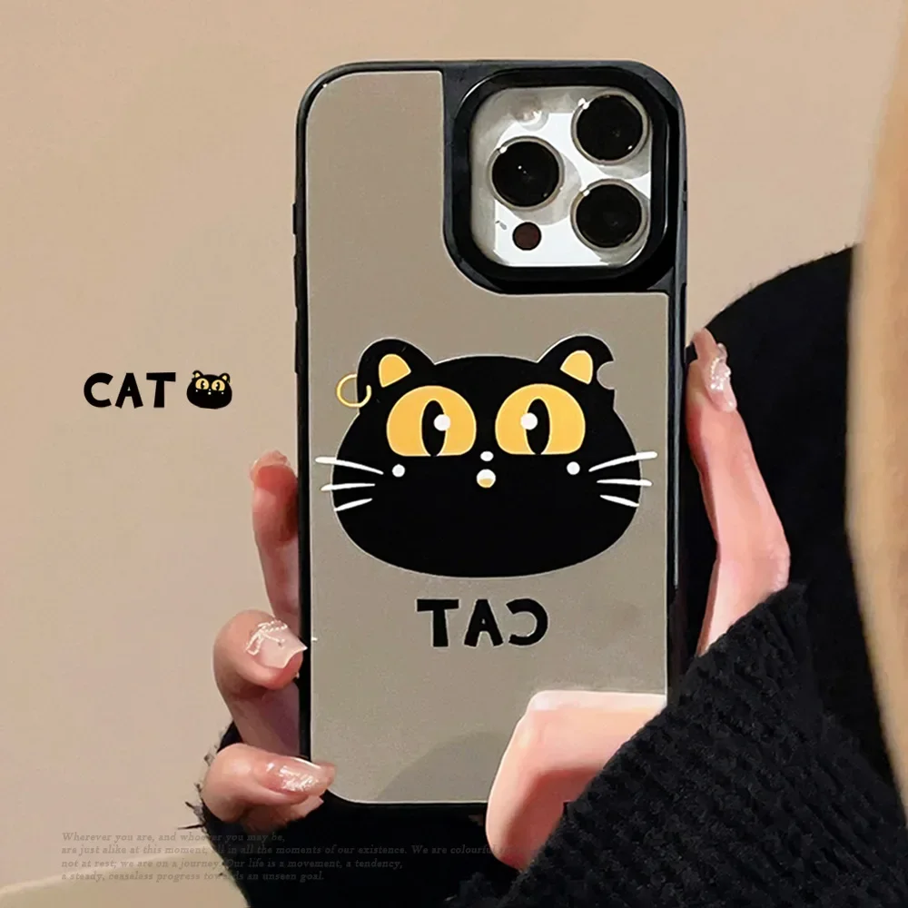 Funny earrings Black Cat kitten art mirror Phone Case For iPhone 16 15 14 13 12 Pro Max Case Cute cartoon Shockproof hard Cover