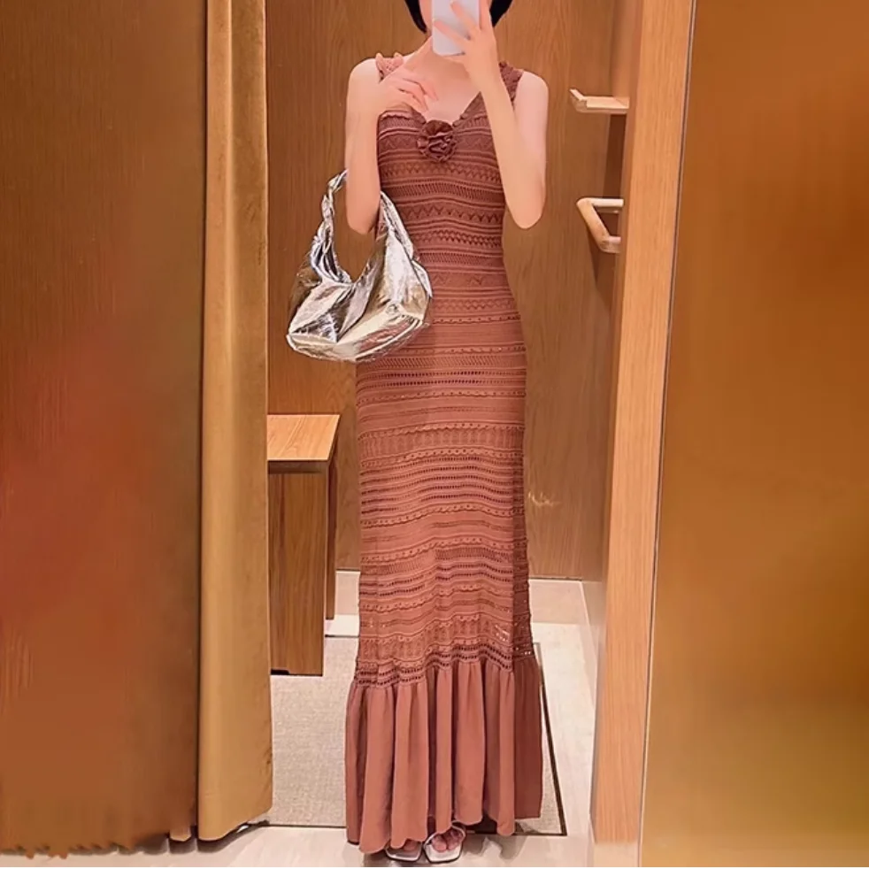 

2024 Summer Women's Knitted Dress Ruffle Sleeveless Backless Sexy Grand Party Maxi Dress 5240097