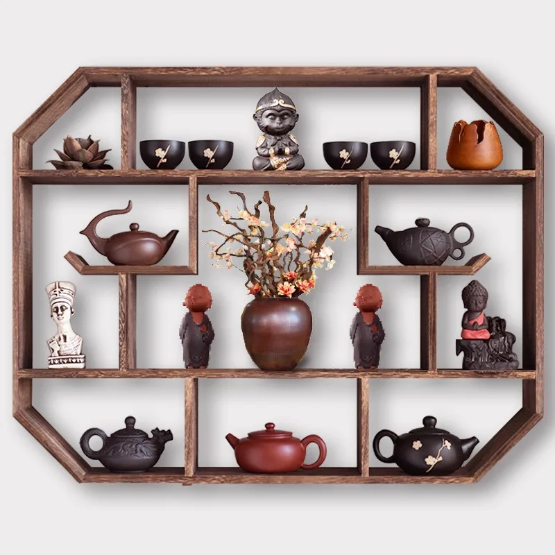 Bo Gu Jia Solid Wood Chinese Wall Mounted Tea Pot Display Rack Storage Rack Minimalist Modern Antique Rack