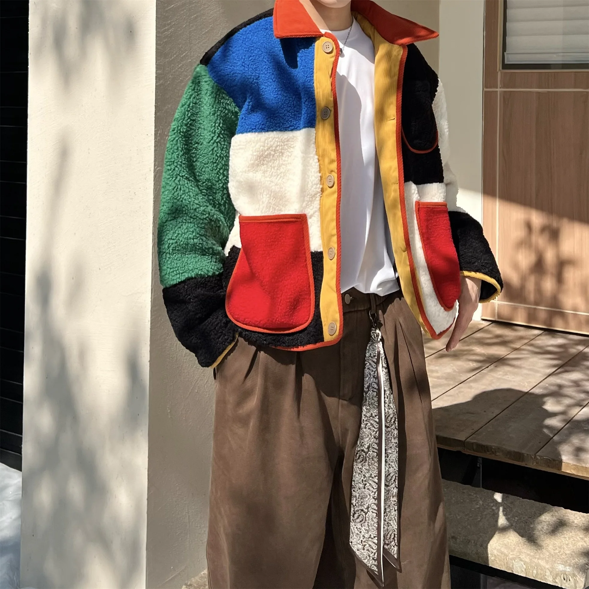 2025 Autumn Winter New American Retro Geometric Color Block Patchwork Lamb Wool Jacket Men's Short Loose Casual Coat