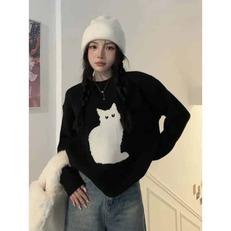 Sweet Sweater Pullover Women Cartoon Cat Pullover Autumn Winter Outwear Loose Vintage Knitted Tops Female Fashion