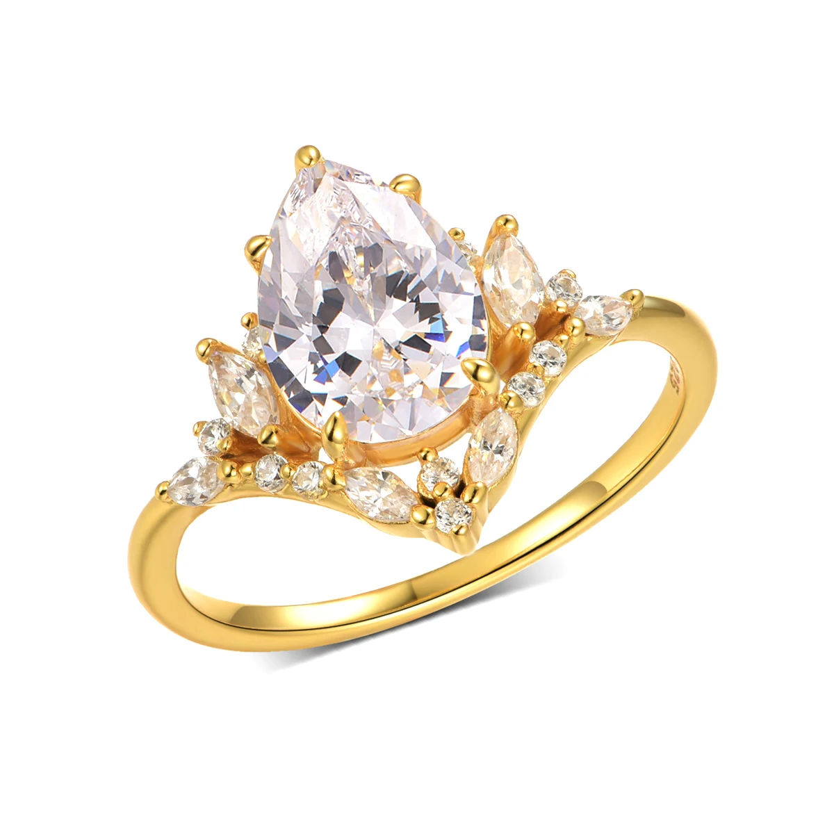 

S925 Silver Plated 18K Gold Water Drop Shape Moissanite Light Luxury Women's Ring Main Stone 2.0ct/10*7mm For Wedding