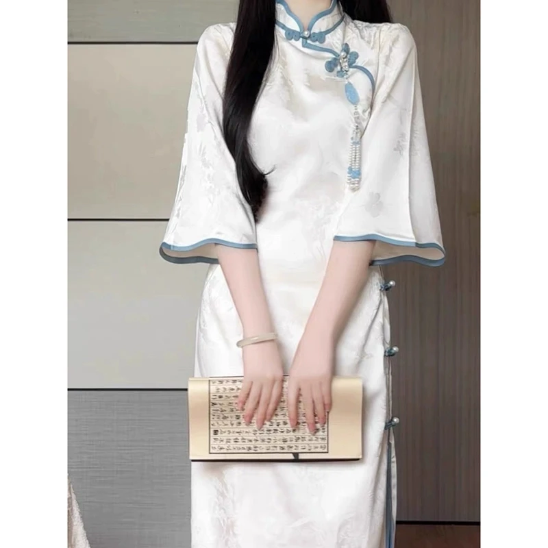 

Autumn New Women's Floral Jacquard Cheongsam Dress Chinese Style Elegant Modified Qipao Midi Dress 5-Point Sleeve Vintage Gentle