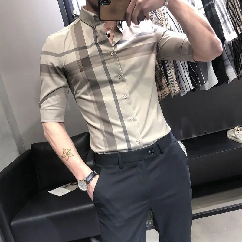 Men\'s Plaid Blouse Summer New Korean All-match Youth Slim Half Sleeve Plus Size Shirt Tops Trend Smart Casual Men Clothing