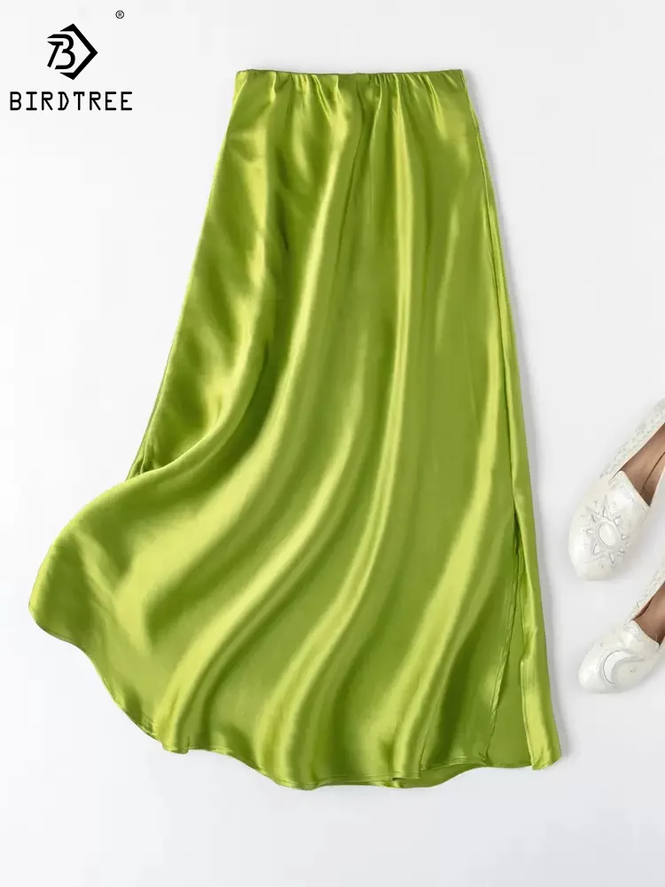 

BirdTree, 100%Real Silk Elegant Skirts, Women Solid Color High Slit Satin, Elastic Waist Skirt, 2024 Spring Summer New, B43244QM