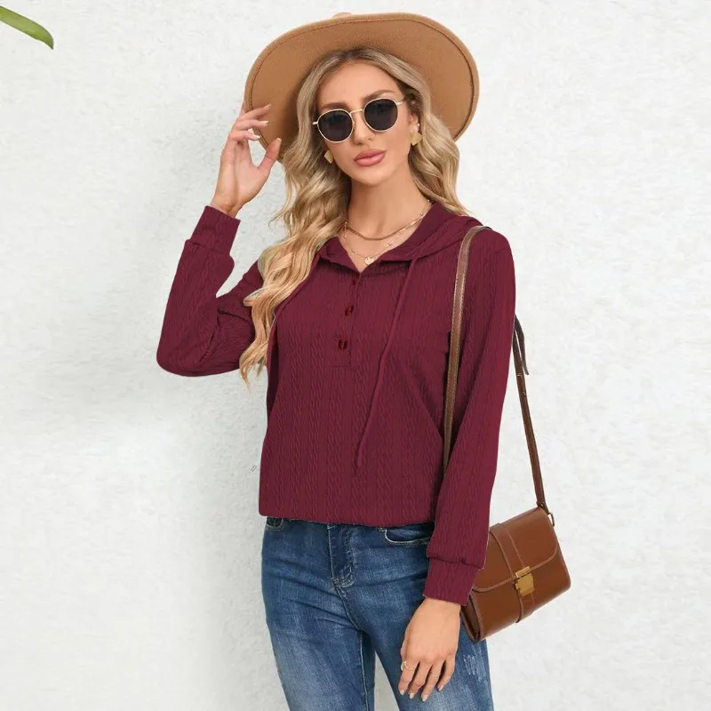 

Women Solid Color and V-neck Loose Sweatshirt Autumn Winter New Sweatshirt Top Women Long Sleeve Button Hooded Pullover Hoodies