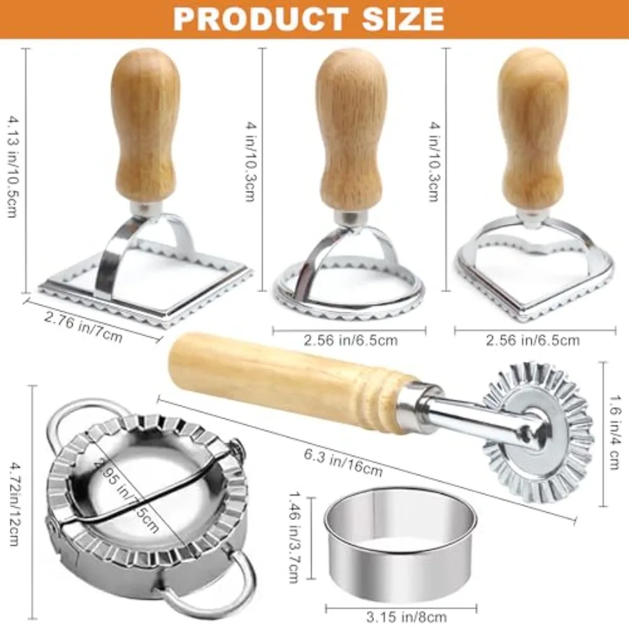 ماكينة صنع المعكرونة رافيولي مع مجموعة عجلات دوارة مكونة من 6 أدوات صنع معكرونة رافيولي محلية الصنع بمقبض خشبي مثالية للحرف اليدوية