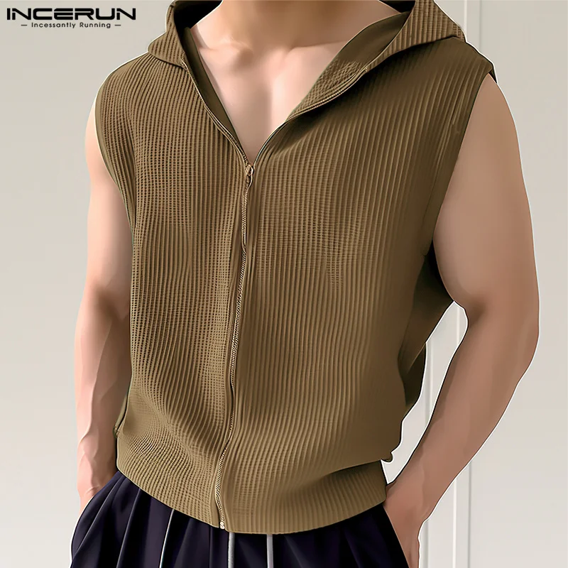 INCERUN Men Tank Tops Solid Color Hooded Zipper Sleeveless Casual Male Vests Streetwear 2024 Summer Fashion Leisure Men Clothing