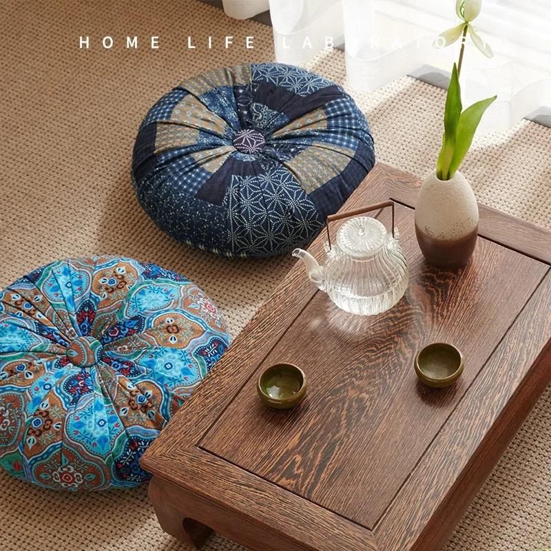 Round Futon Home Decoration Retro Ethnic Style Floor Cushion Home Chair Sofa Cotton Linen Cushion Bedroom Office Lumbar Pillow