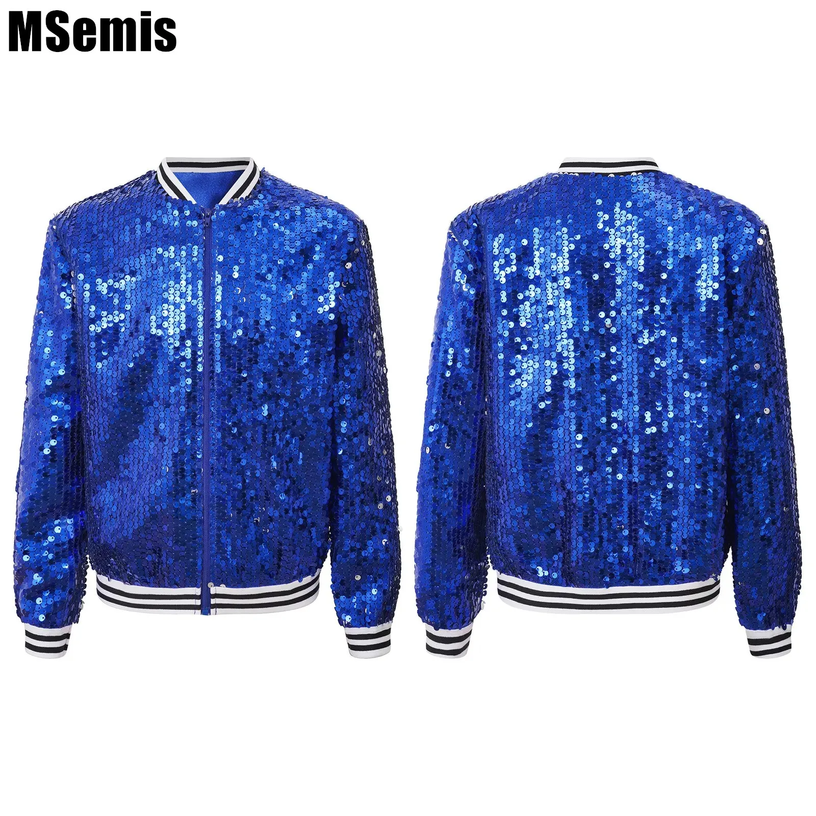 

Kids Girls Sequins Party Dance Coat Baseball Jackets Sparkly Long Sleeve Front Zip Up Striped Trim Outerwear Bomber Jackets