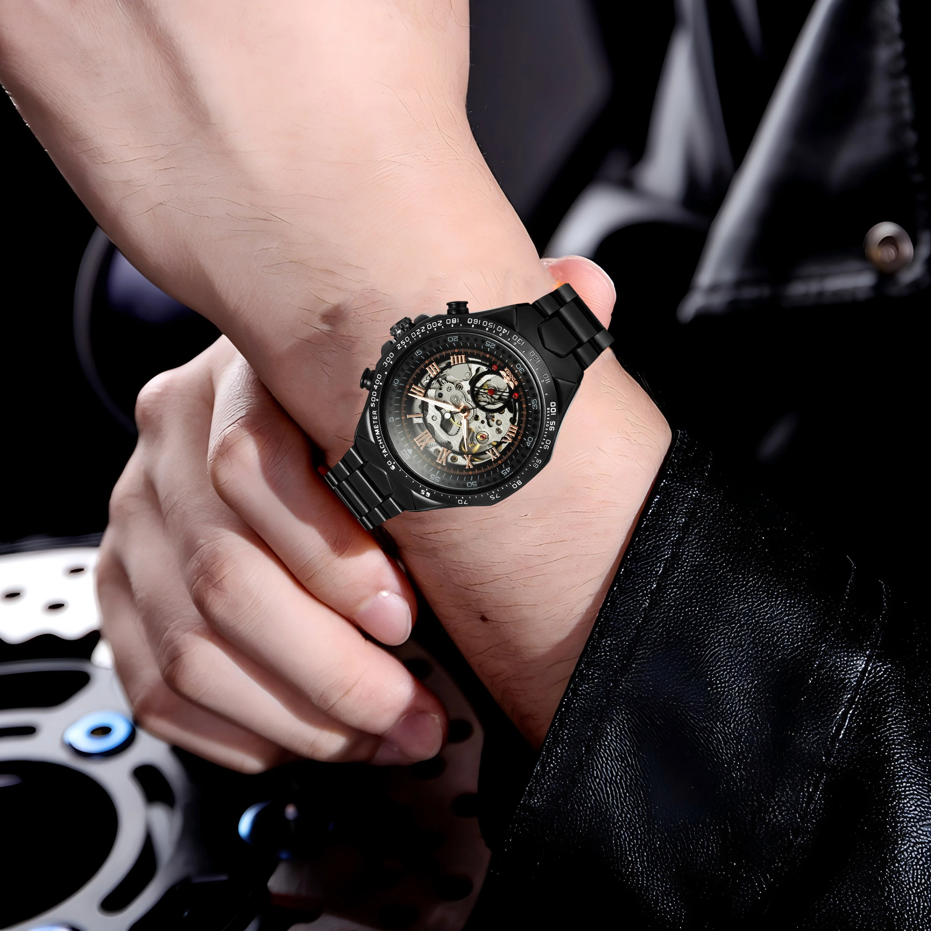 T-WINNER الرياضة الرجال التلقائي الهيكل العظمي ساعة ميكانيكية ريترو الأسود الجوف ساعة الأرقام الرومانية الصلب رجل الأعمال ساعات المعصم