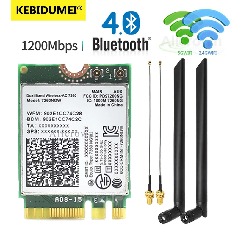 7260NGW M.2 Wifi Wireless Card 1200Mbps Dual Band 2.4G 5G Bluetooth 4.0 802.11AC Adapter Card With Antenna For Laptops Desktop