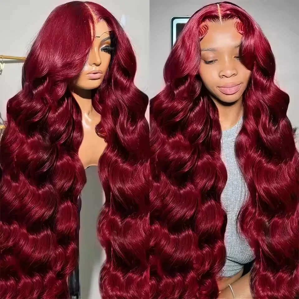 

99j Burgundy body wave hair lace wig 46 long inches 13x6 HD Transparent Lace Front Wigs200 Density Brazilian human hair for wom