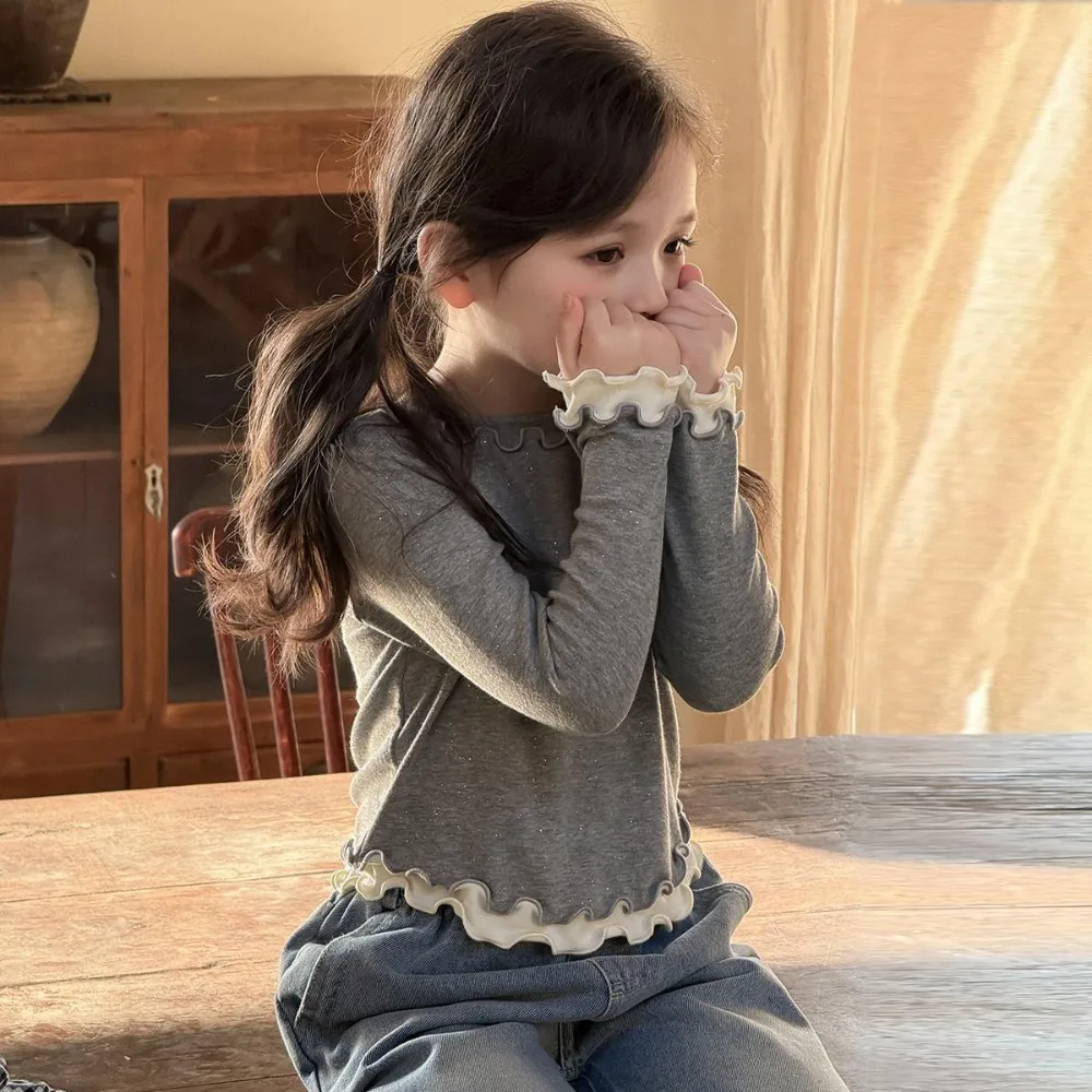 Bear Leader الربيع والخريف جديد الفتيات أسفل القميص النسخة الكورية أزياء من الدانتل الربط وهمية قطعتين طويلة الأكمام تي شيرت