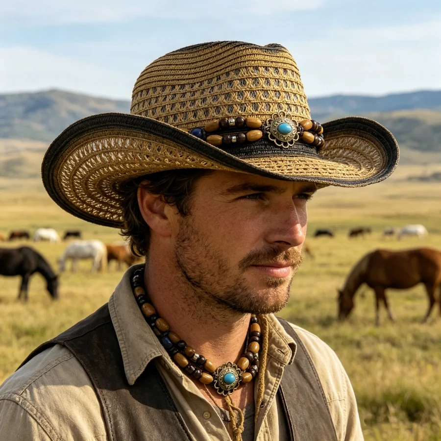 Summer Hollow-Out Breathable Sun Protection Straw Cowboy Hat, Unisex, Suitable for Outdoor Use on Grasslands and Beach Vacations, Breathable Wide-Brimmed Hat, Refreshing to Wear in Summer Without Causing Sweatiness