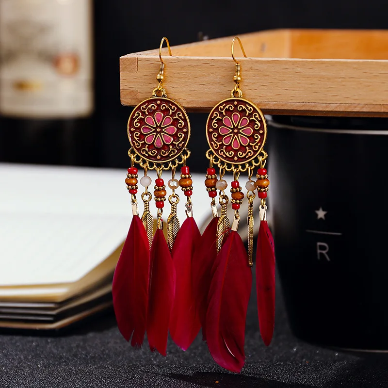 Boho Lange Feder Baumeln frauen Ohrringe Strand Lange Quaste Perlen Handgemachte Blume Emaille Ohrringe Braut Hochzeit Pendientes Mujer – Detail 5
