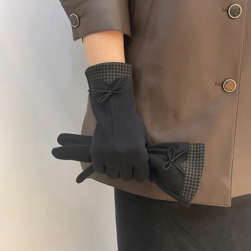 Winter houndstooth Gloves Warm Touch Screen Gloves Women Cold Protection Full Finger Mittens Outdoor Cycling Thick Woolen Glove